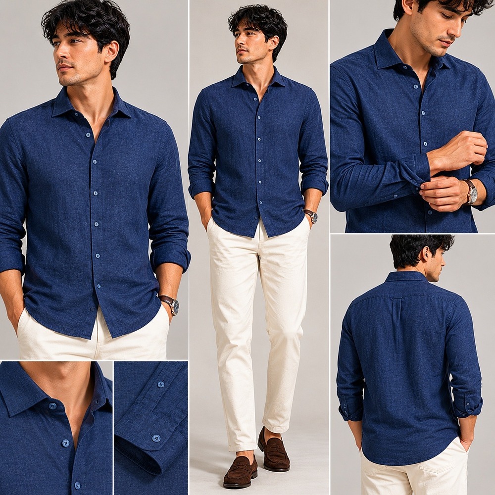 COLLARS & CO Linen Dress Shirt Men XL Navy Blue Long Sleeve Button Up Spread NWT